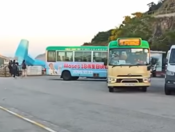 西貢萬宜水庫東壩多名排隊等候人士鼓噪不滿有旅客沒排隊就登上小巴,其後獲警員告知是「包車」。(影片截圖)