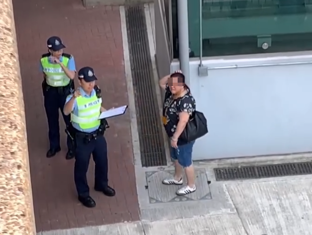 上水一名婦人「打斜」橫過馬路,走到對面巴士站時遭守候警員「斷正」,但婦人看到警員後「揮了一下手」未有停下,警員逐跟在身後走了幾步,最終成功截停對方。(Threads影片截圖)