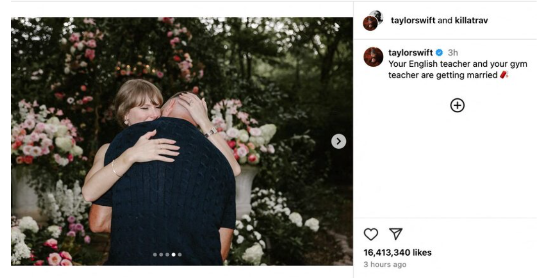 Taylor Swift宣布訂婚的貼文,彷彿令舉世歡騰,吸逾1,600萬個like。(互聯網)
