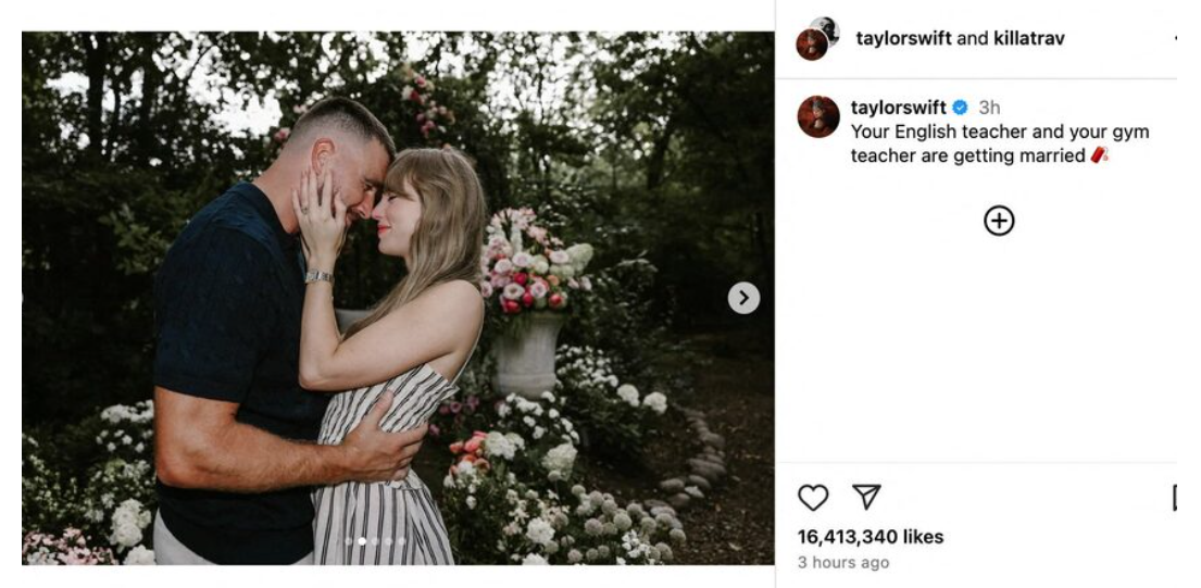 Taylor Swift宣布訂婚的貼文,彷彿令舉世歡騰,吸逾1,600萬個like。(互聯網)
