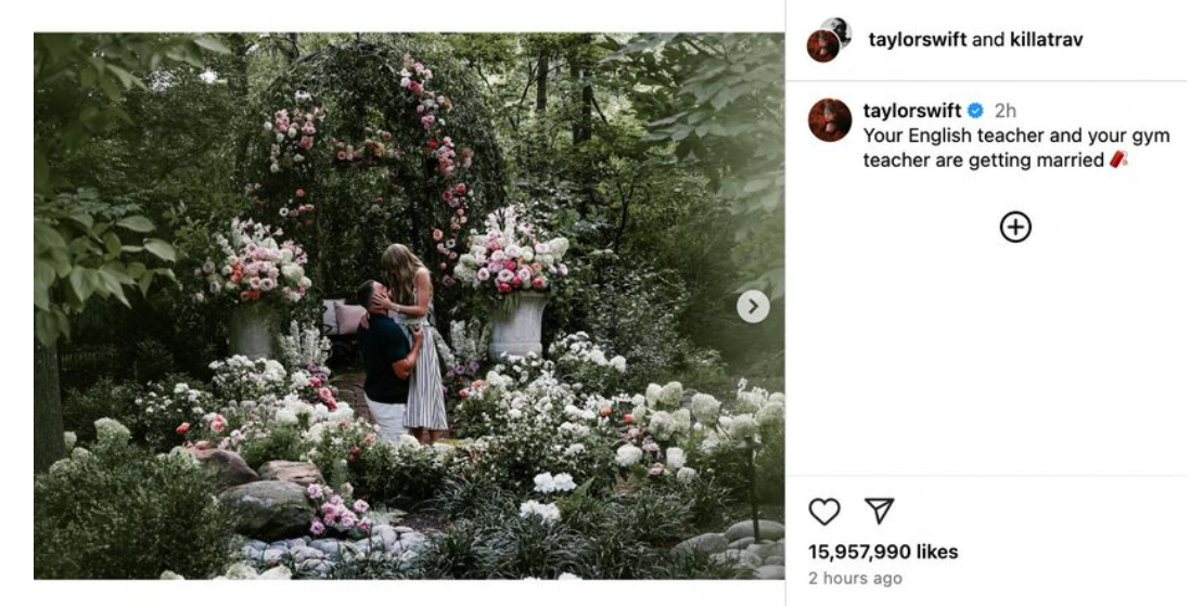 Taylor Swift宣布訂婚的貼文,彷彿令舉世歡騰,吸逾1,600萬個like。(互聯網)