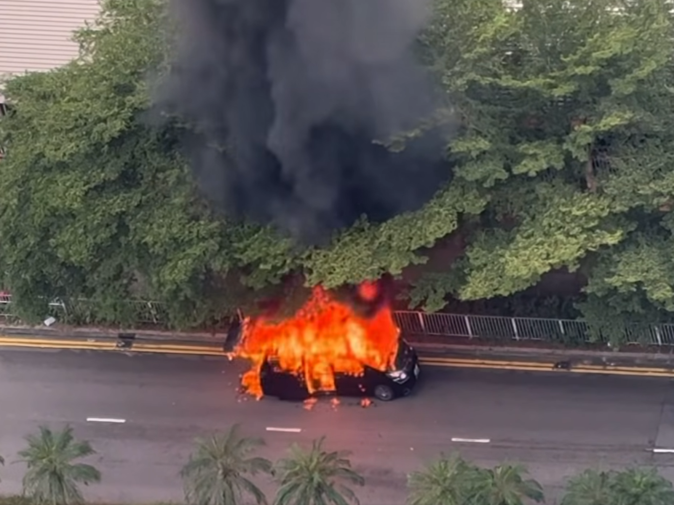 天水圍七人車陷火海傳爆炸聲,消防到場撲救。( 車cam L(香港群組)截圖)