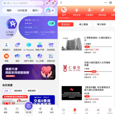 螞蟻集團旗下AlipayHK,在首頁開設專項捐助通道。