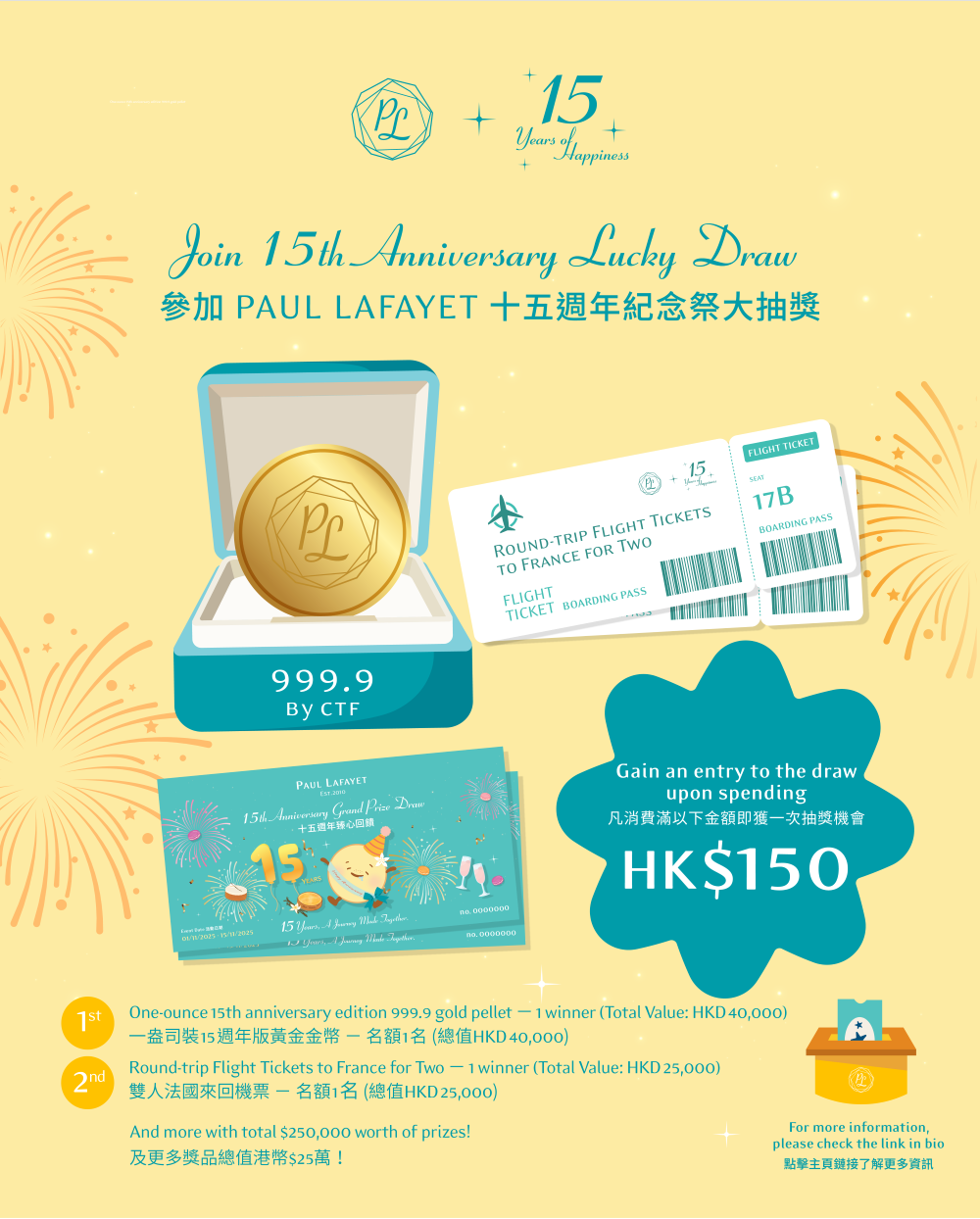 大抽獎頭獎可獲一盎司裝15周年版999.9黃金金幣(參考總值HK$40,000),名額1名。