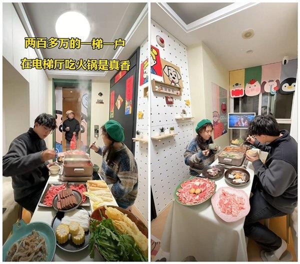 內地網紅改造寓所公共電梯大堂,變私人影院打邊爐引爭議。(互聯網)