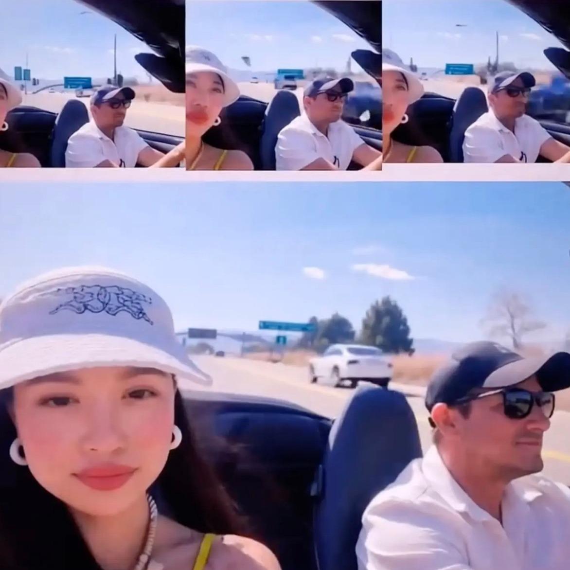 周依在網上晒出與謝洛美遊車河的自拍圖。