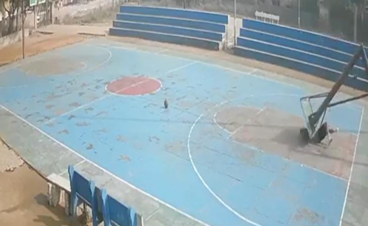 結果整個籃球架立即失平衡血前倒下,直接砸中他的胸口。(X)