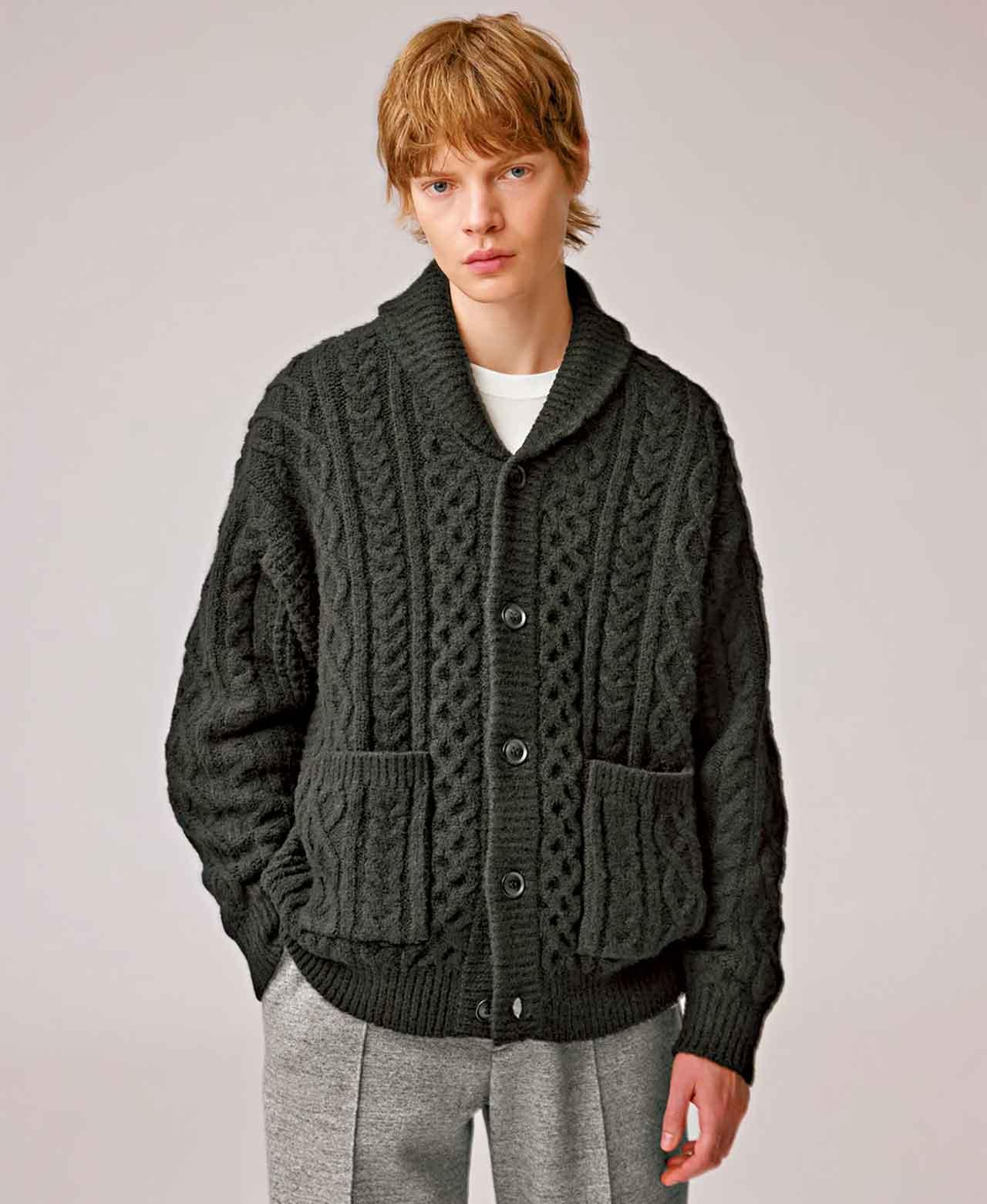 披肩領麻花針織開胸衫 $349