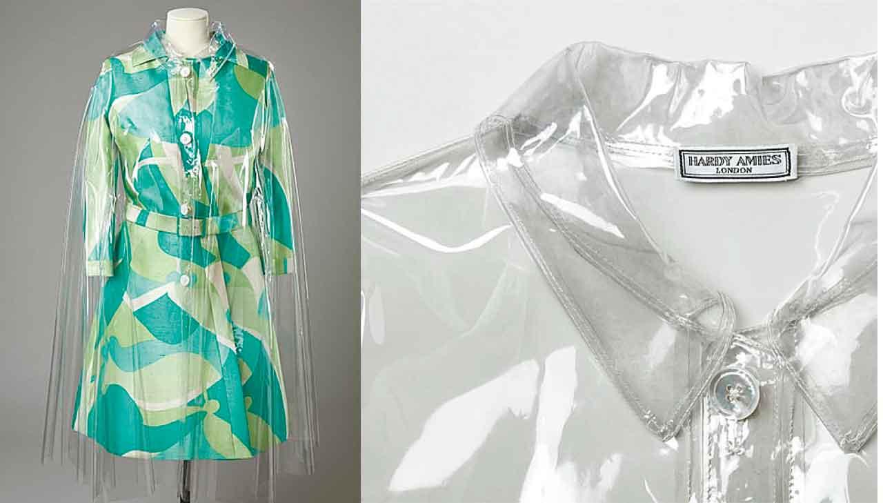 由Hardy Amies於1960年代設計的透明塑料雨衣。