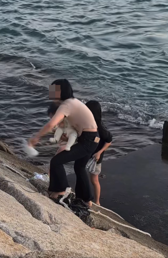 一家四口在啟德海濱一同走到海濱斜坡下的平台。(Facebook@車cam L(香港群組))