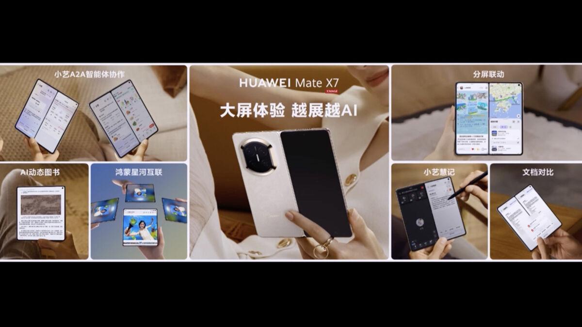 HUAWEI Mate X7 配備 8 吋主屏跟 6.49 吋外屏,內外屏均支援 1-120Hz LTPO 動態更新率;硬件部份裝置採用全新麒麟 9030 Pro 晶片、跟 5,600mAh 電池。
