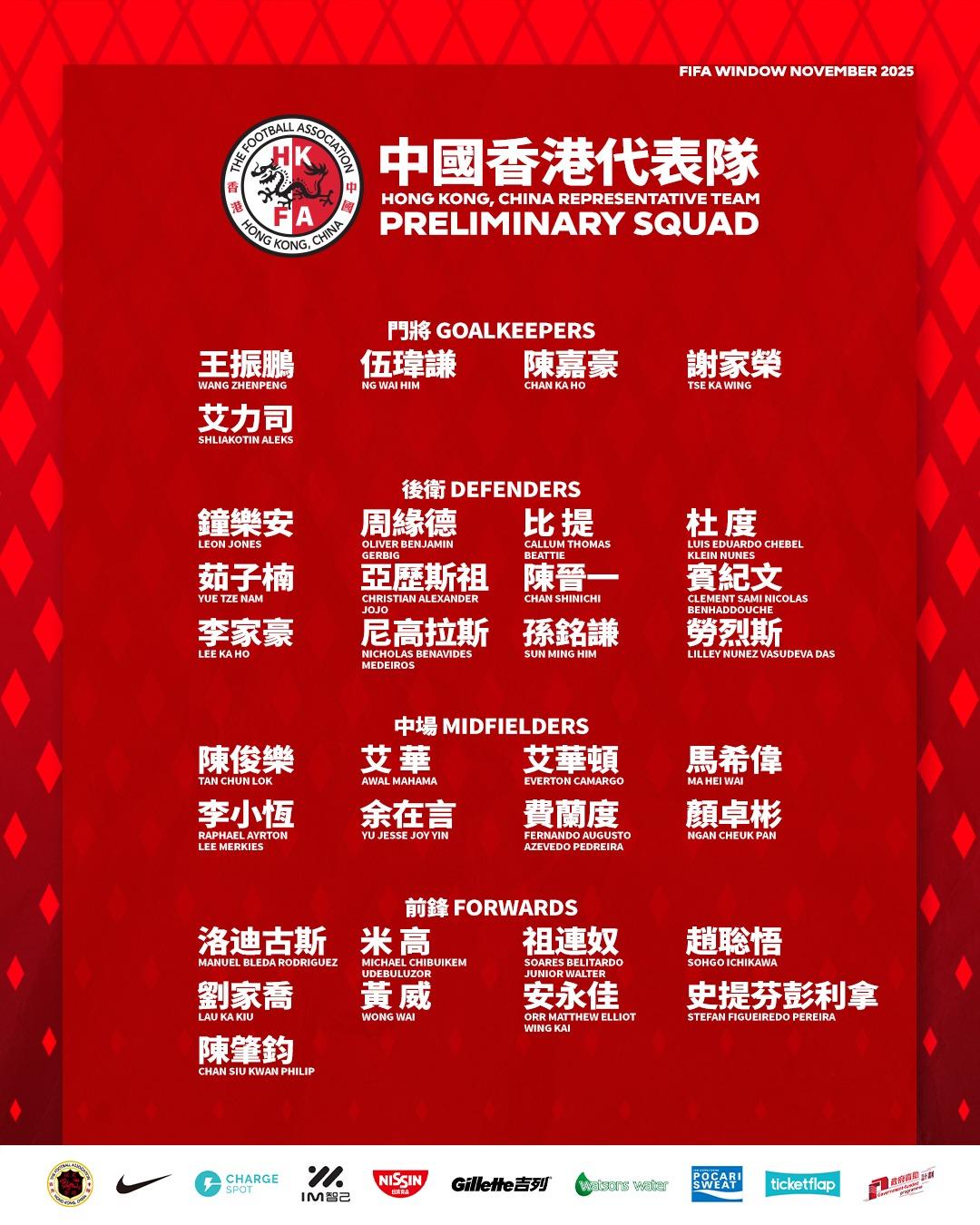 香港對柬埔寨及新加坡初選名單。(hkfa)
