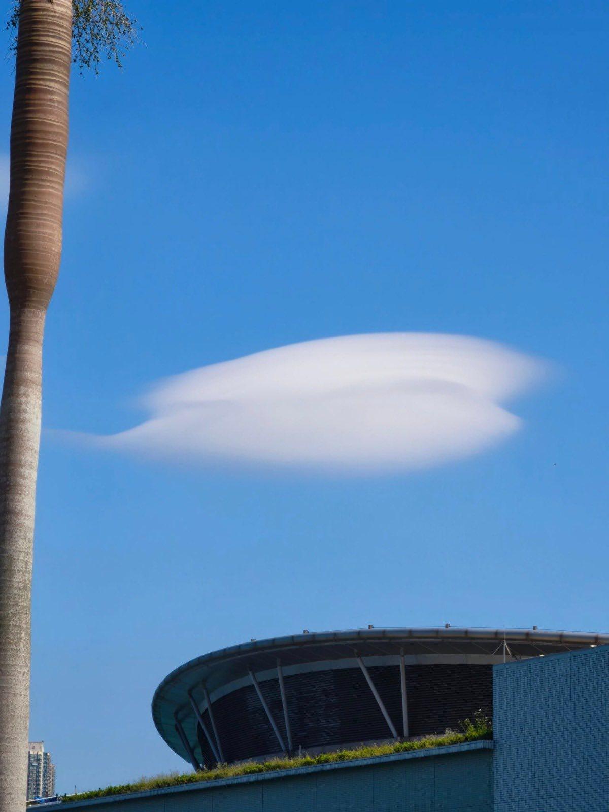 維港上空驚現「飛碟雲」,天文台:莢狀雲多數與地形有關。(香港天文台 HKO)