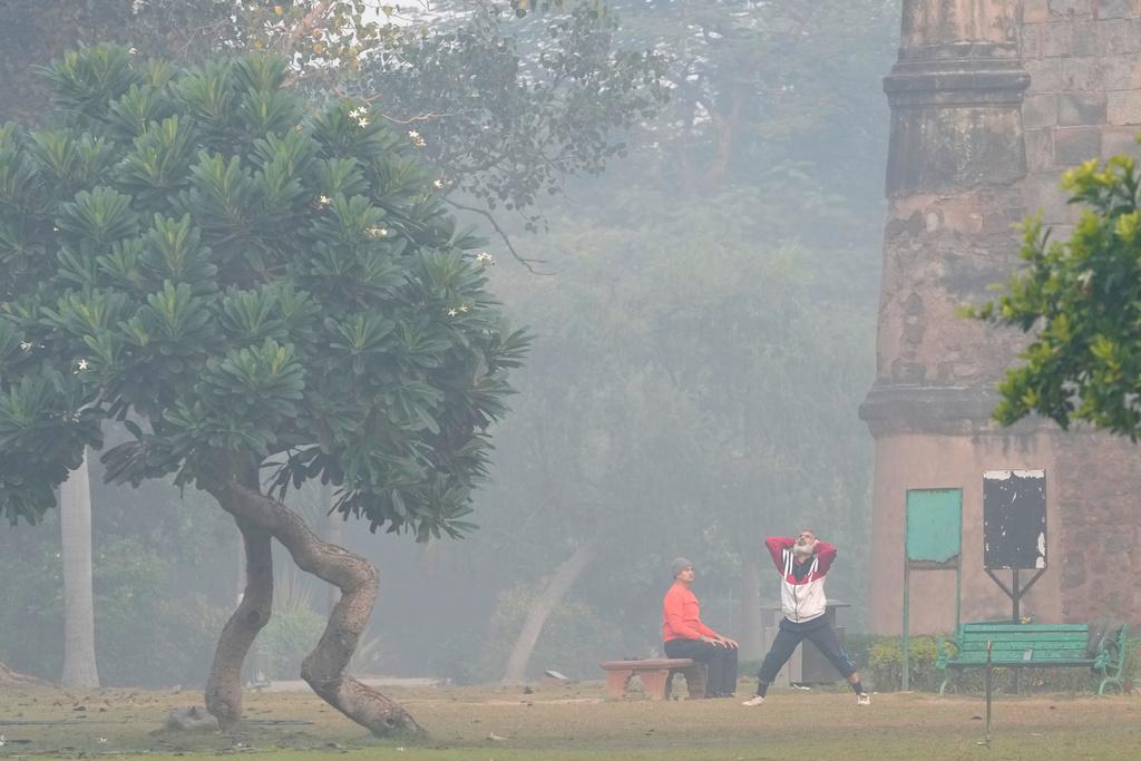 11月18日早上,印度新德里公園有人在霧霾中晨運。(美聯社)