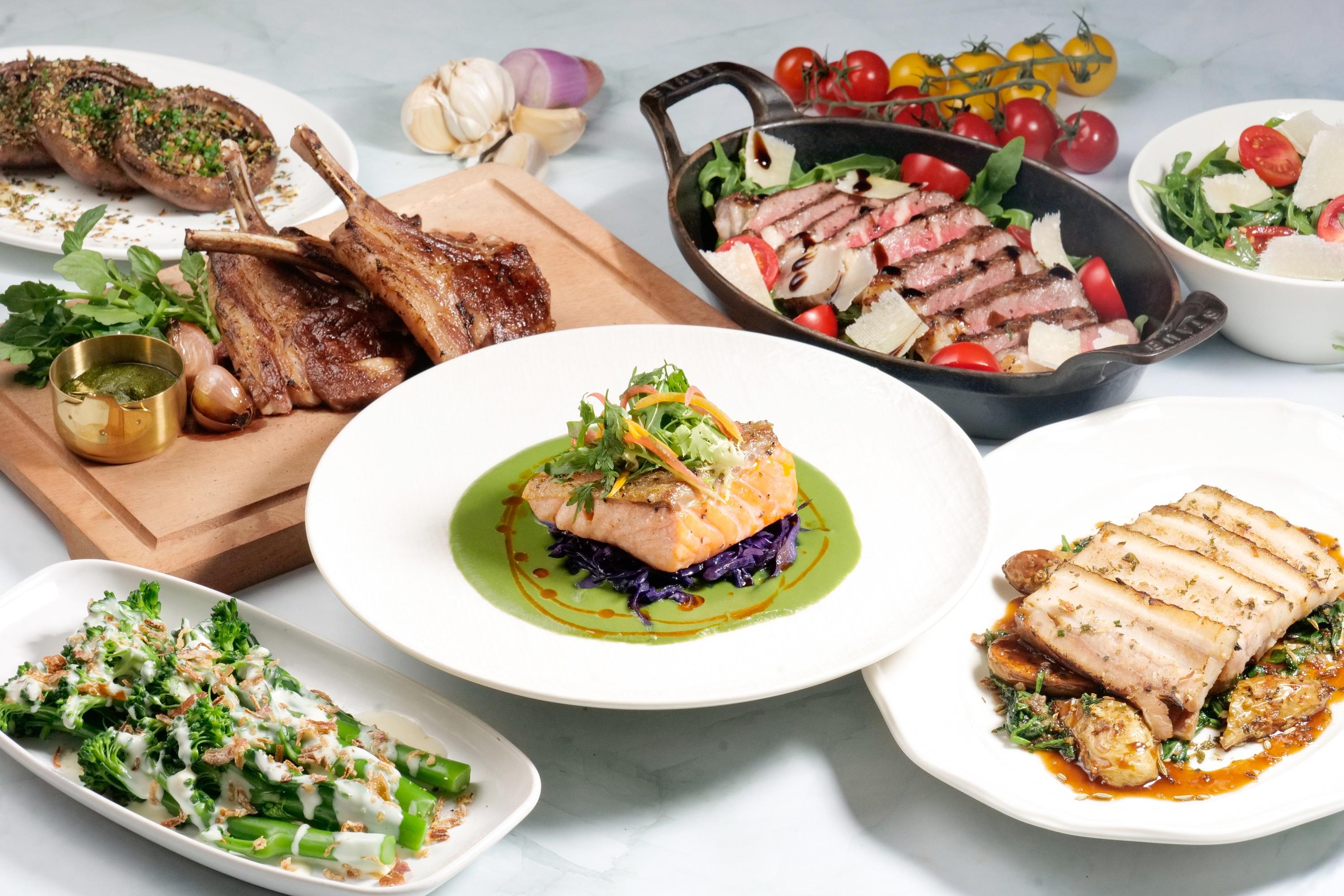 主菜有烤三文魚($208)、10安士切片安格斯西冷牛肉($328)等。