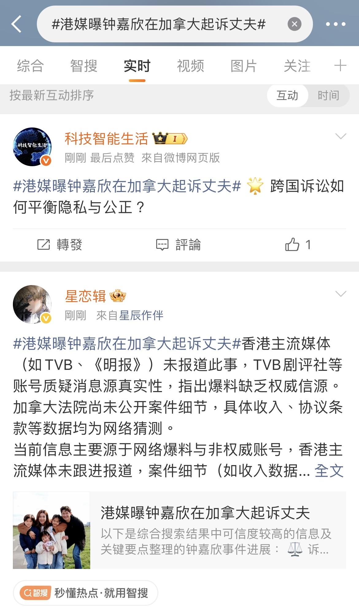 「港媒曝鍾嘉欣在加拿大起訴丈夫」成微博熱搜。