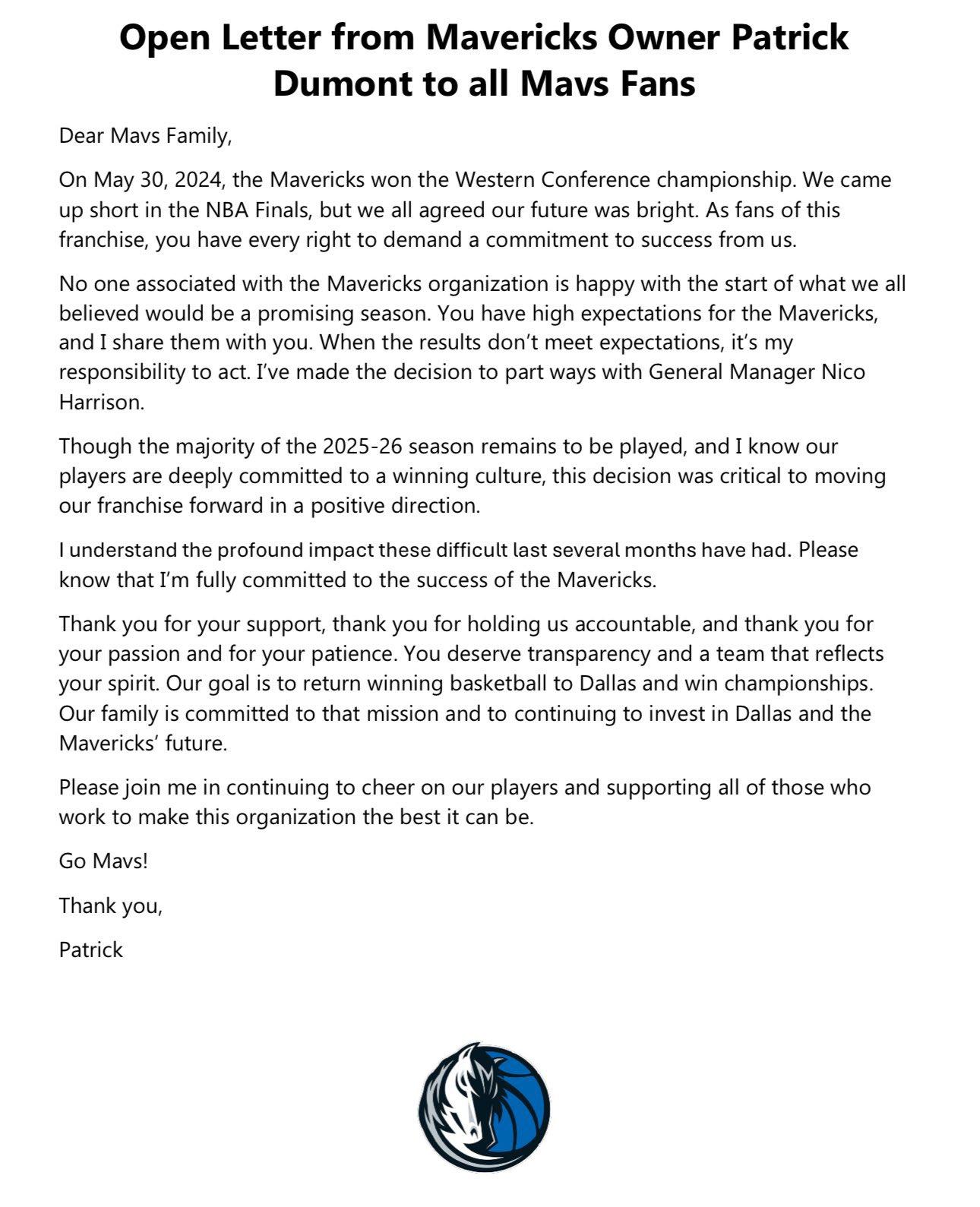 達拉斯獨行俠老闆Patrick Dumont發表公開信,講解球隊解僱總經理歷高哈利遜(Nico Harrison)的決定。