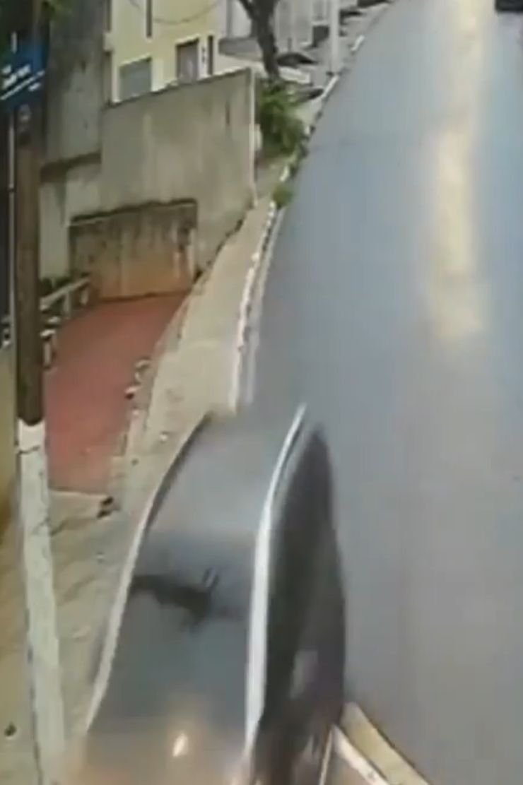 汽車失控撞欄杆再跌落長樓梯。(影片截圖)