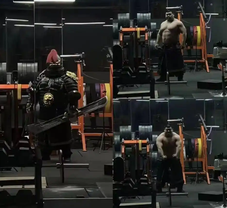 徐明杰在健身房穿古代盔甲的影片爆紅。(微博)