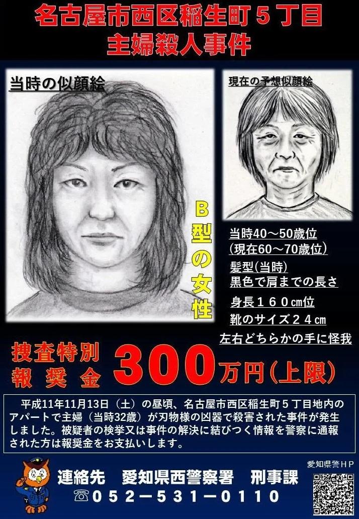 愛知縣警方懸紅緝兇,並根據目擊者證詞繪製疑犯的併圖,以及推斷現在的容貌。(互聯網)