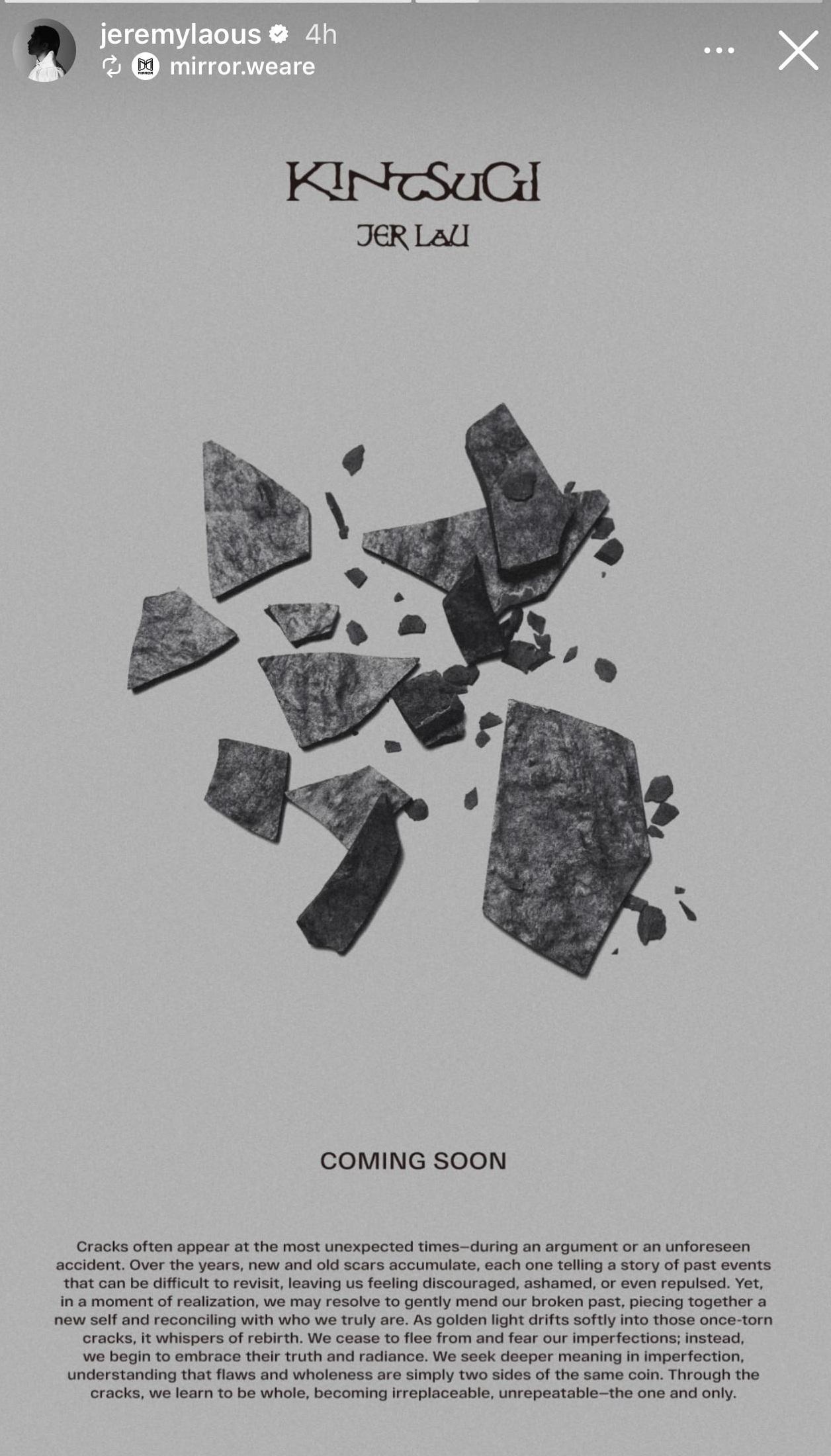 柳應廷Jer日前預告推出全新專輯,以新歌《今繼》的日語字「KINTSUGI」命名。(IG@jeremylaous)