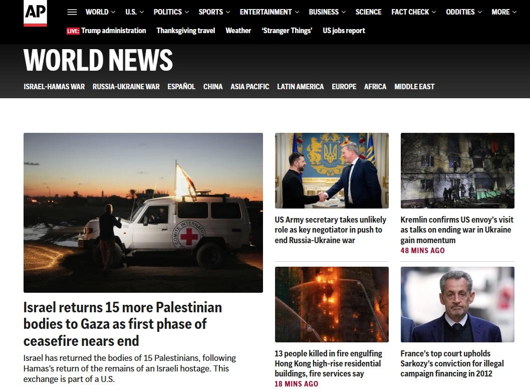 美聯社在「全球新聞」報道大埔宏福苑五級火。(互聯網)