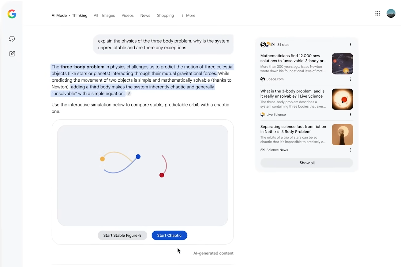 AI模式裡的Gemini 3可以根據查詢即時動態建立最理想的視覺化版面,包含互動式工具和模擬情境。