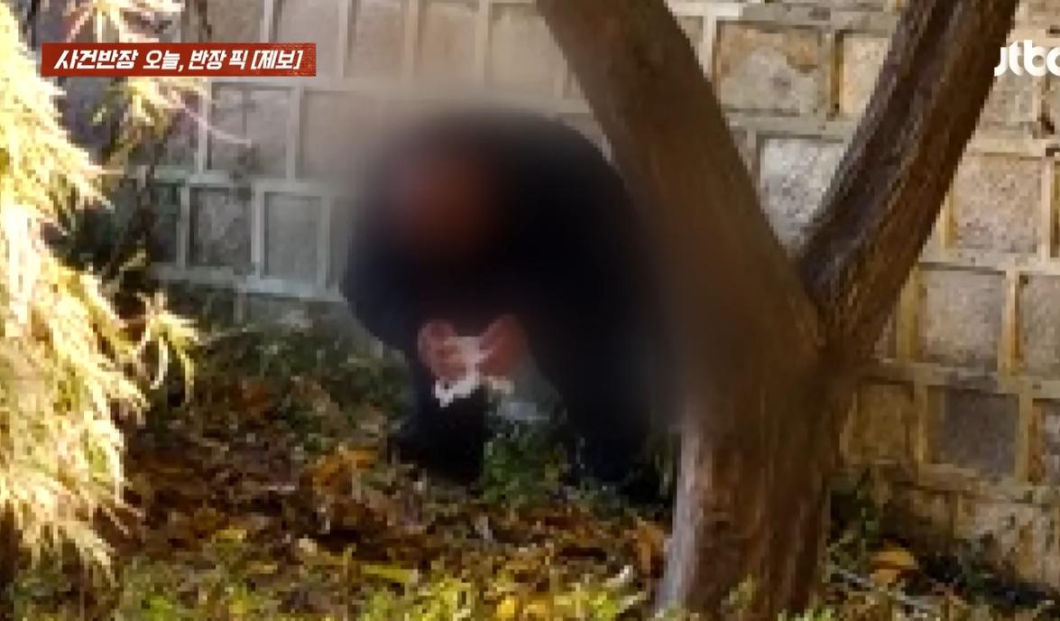 JTBC News報道,有民眾拍下一名男遊客蹲在景福宮古蹟石牆下拿著紙巾,疑似大便。(互聯網)