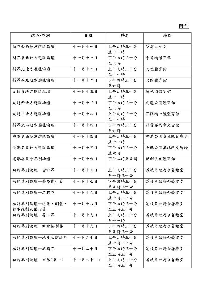 2025年立法會選舉各個選舉論壇舉行的時間和地點。(政府文件截圖)