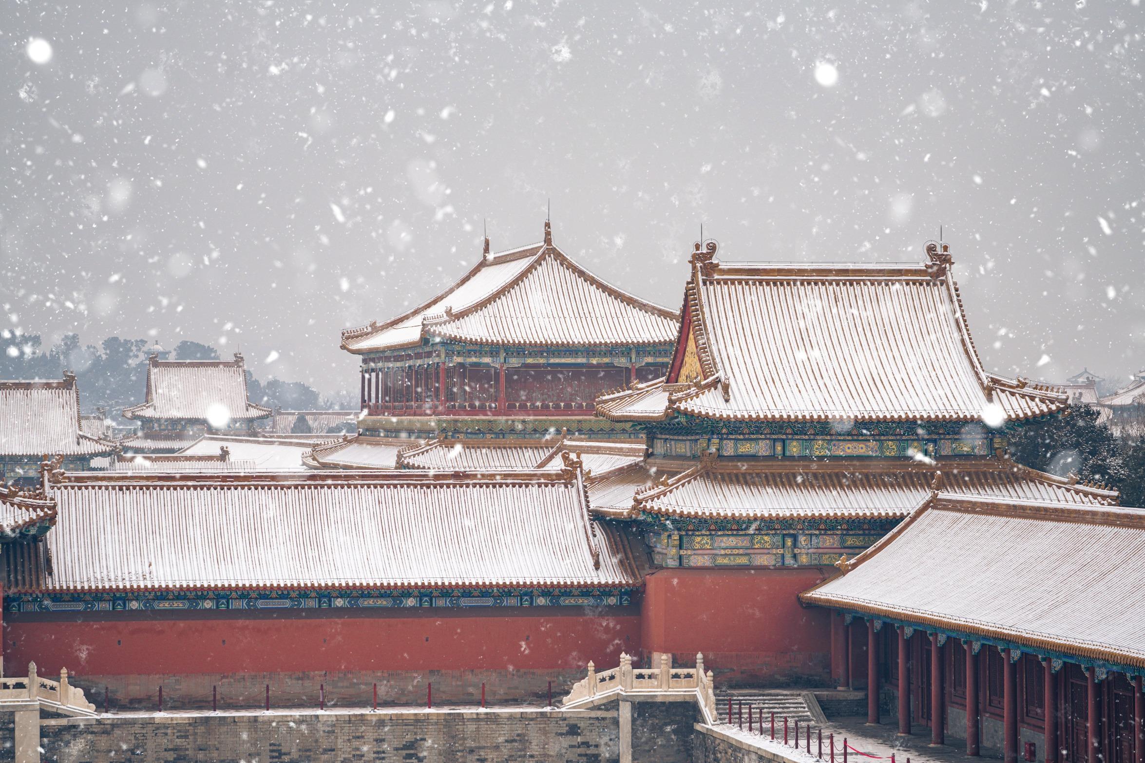 北京故宮,飛雪中的紅牆金瓦,恢宏大氣,美不勝收。