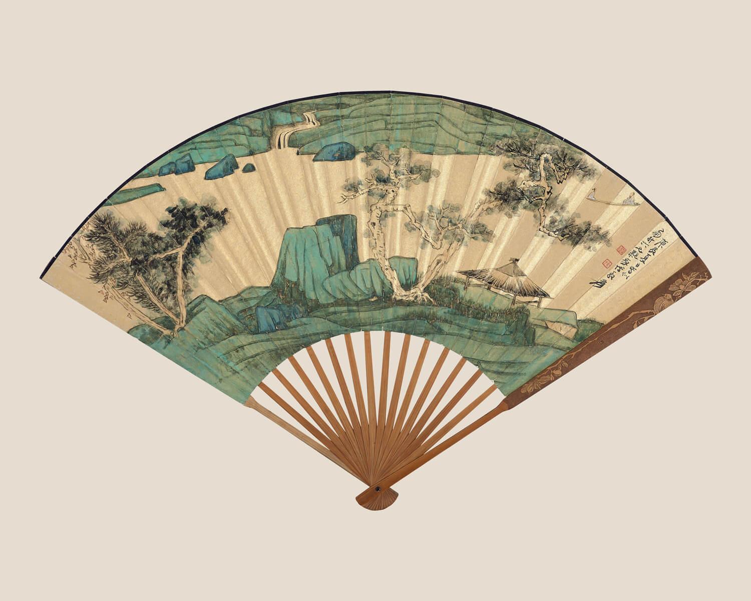 張大千作品《江干茅亭》。