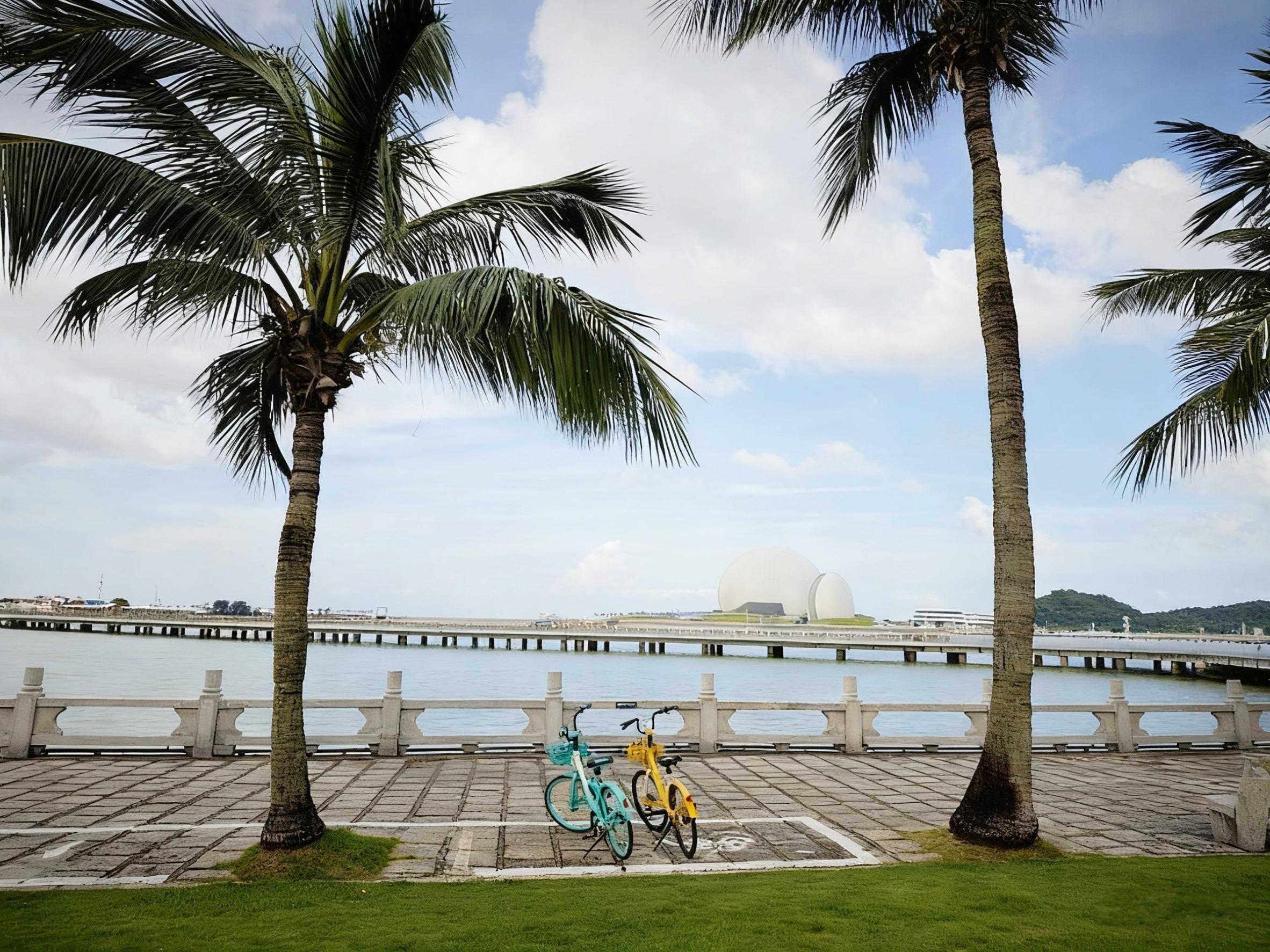 珠海情侶路全線緊海岸線而行,騎行車設施標誌清楚,沿岸風景優美,日月貝、珠海漁女等城市地標盡收眼底。(圖片來源:視覺中國)