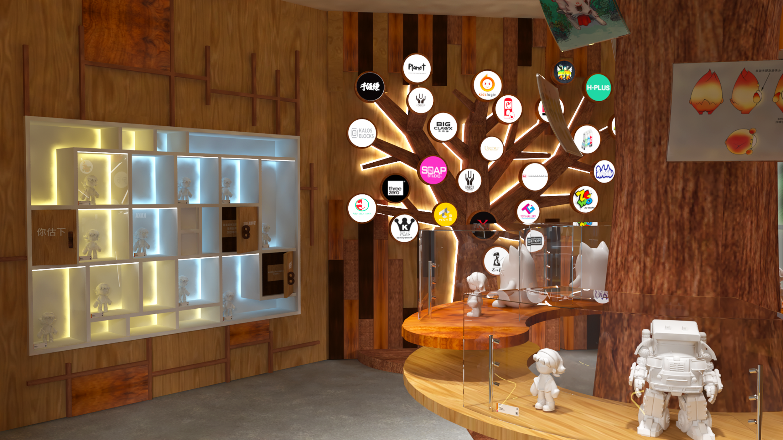 兩側展示牆展出近30個玩具品牌及原創IP的100多件珍藏作品,當中包括美女與野獸立體雕塑、AMK PRO系列麥加登預組裝模型、AH-Pollo 搪膠及暴走虎搪膠等