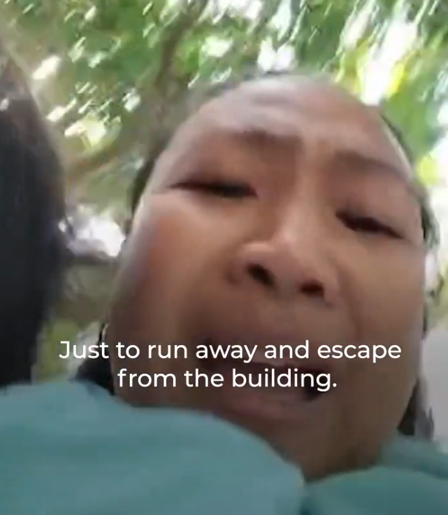 大埔宏福苑五級火,於宏福苑工作的菲傭Nerrissa Catabay初期得知起火後,隨即抱幼主BB狂跑23層樓,最終平安逃離到地面,她開直播通知在附近工作的其他鄰居及同鄉盡快離開。(影片截圖)