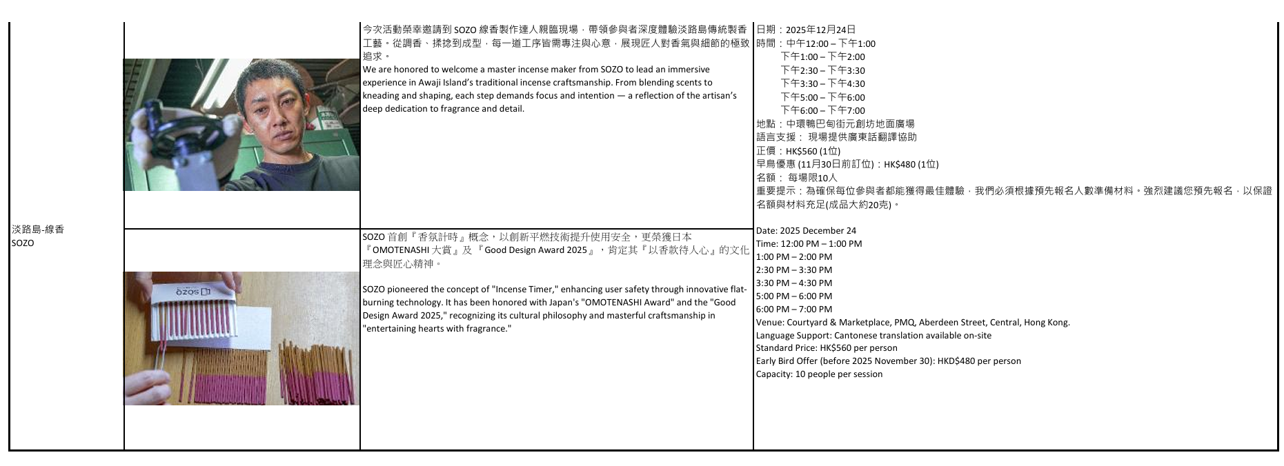 「和匠心傳」Wa!CraftLink 2025 工作坊詳情、日期及時間一覽: