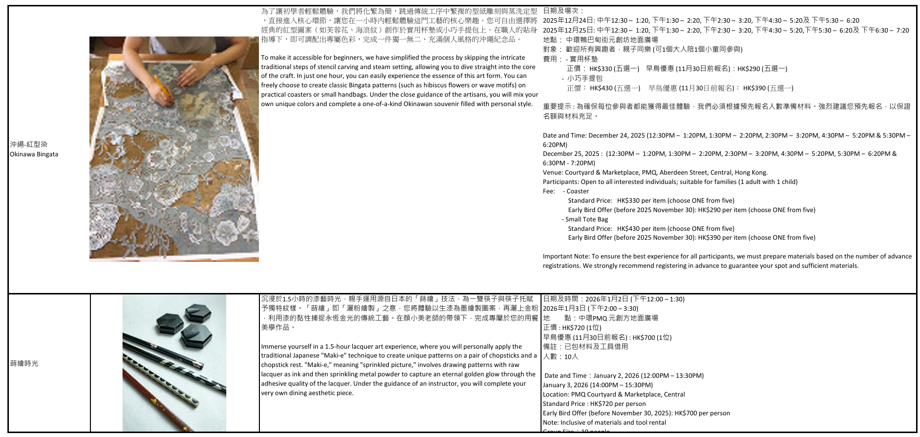 「和匠心傳」Wa!CraftLink 2025 工作坊詳情、日期及時間一覽: