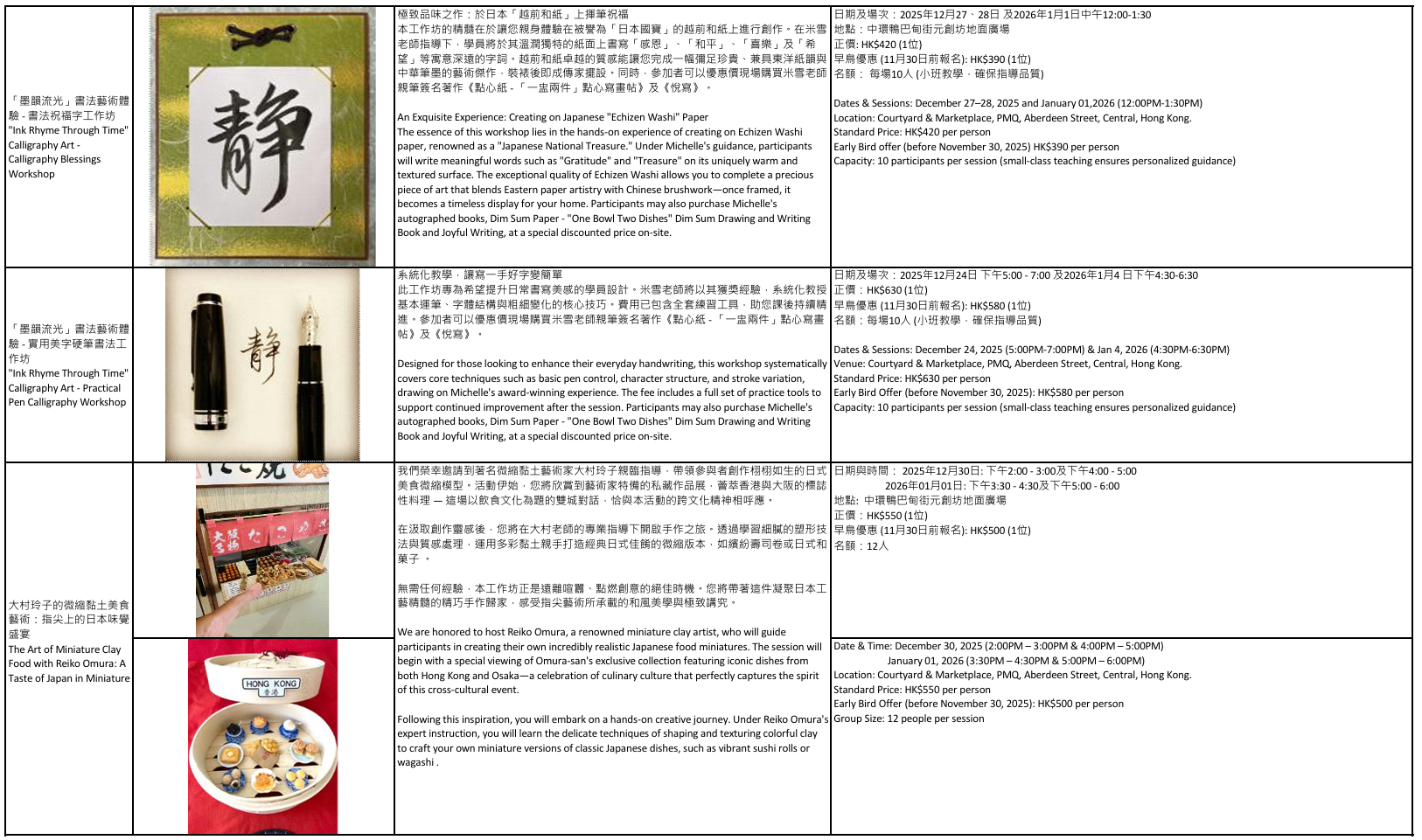 「和匠心傳」Wa!CraftLink 2025 工作坊詳情、日期及時間一覽: