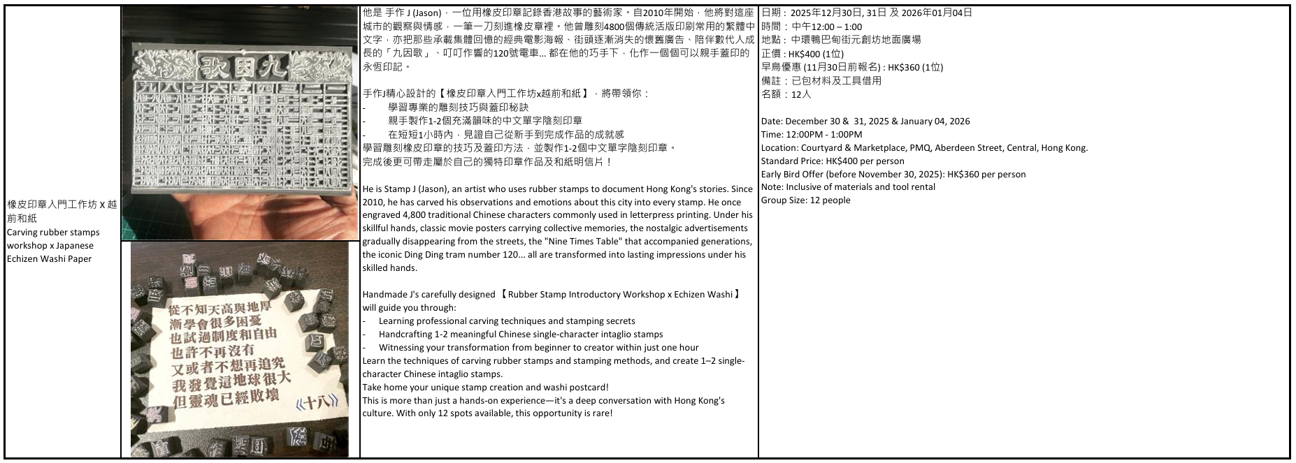 「和匠心傳」Wa!CraftLink 2025 工作坊詳情、日期及時間一覽: