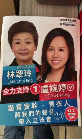立法會選舉如期在12月7日舉行,民建聯候選人盧婉婷部分宣傳品無黨標誌(選舉事務處相片)