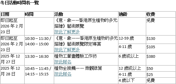 冬日活動時間表一覽