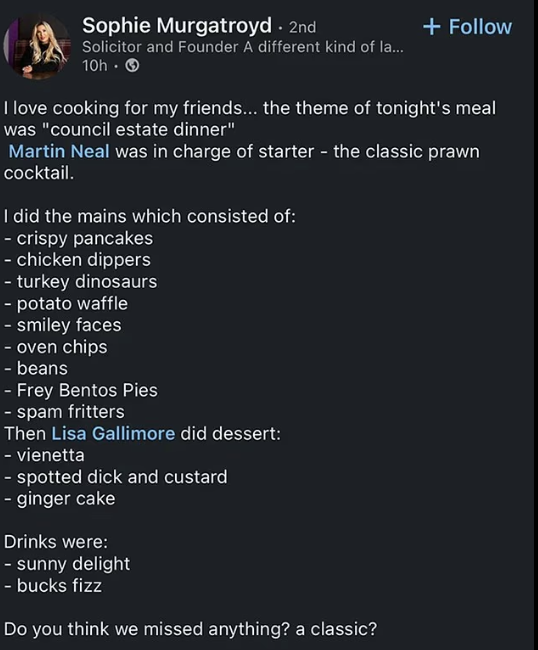 女律師默加特洛伊德的「公屋派對餐單」。(互聯網)