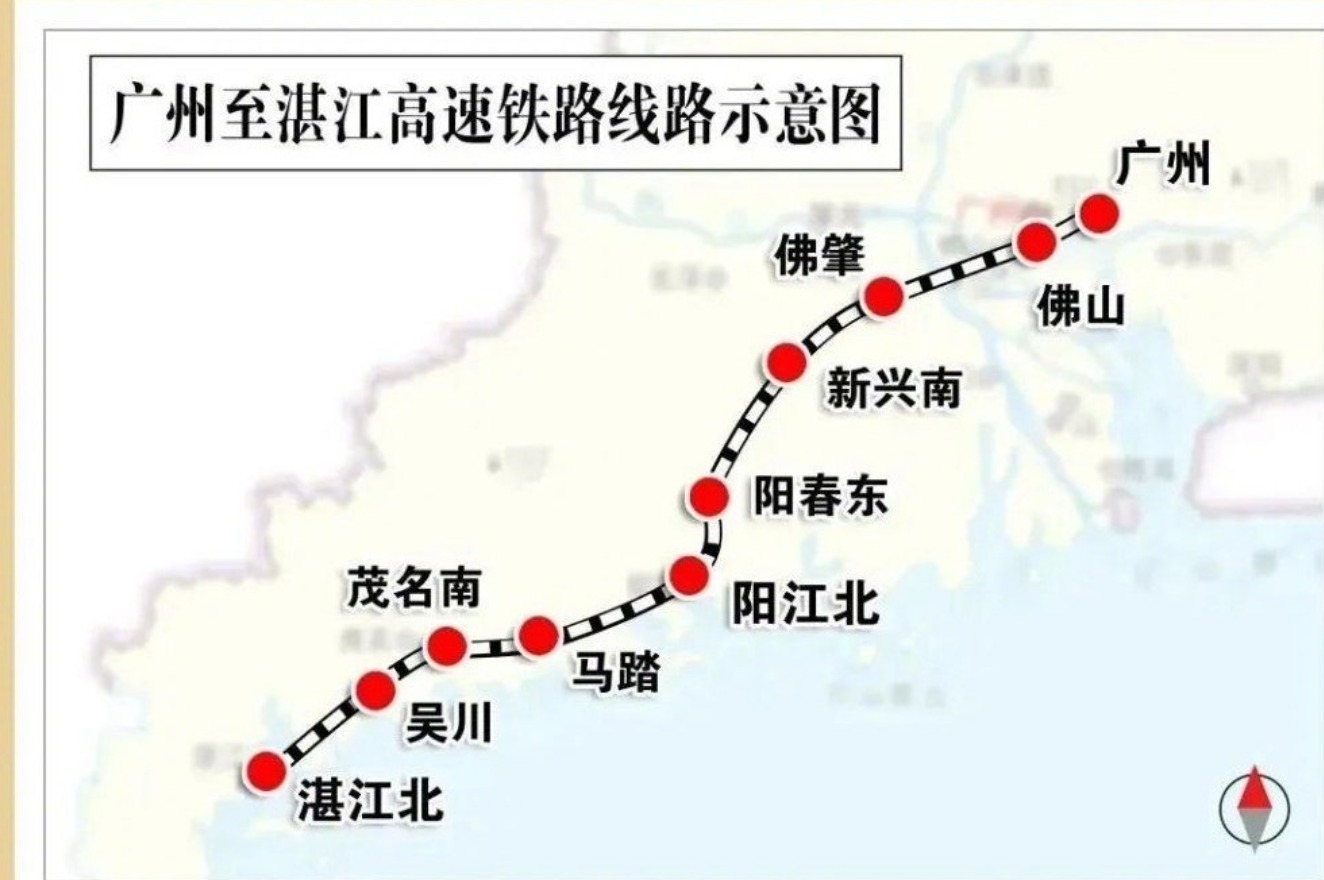 廣湛高鐵連接廣州、佛山、肇慶、雲浮、陽江、茂名、湛江等地市,線路全長401公里,設計時速350公里,此次率先開通新興南、陽春東、陽江北、馬踏、茂名南、吳川、湛江北7座車站,兩端分別接入廣州白雲站和湛江北站。廣湛高鐵佛山站、佛肇站和接入廣州站的線路正在有序建設中。(中國鐵路)