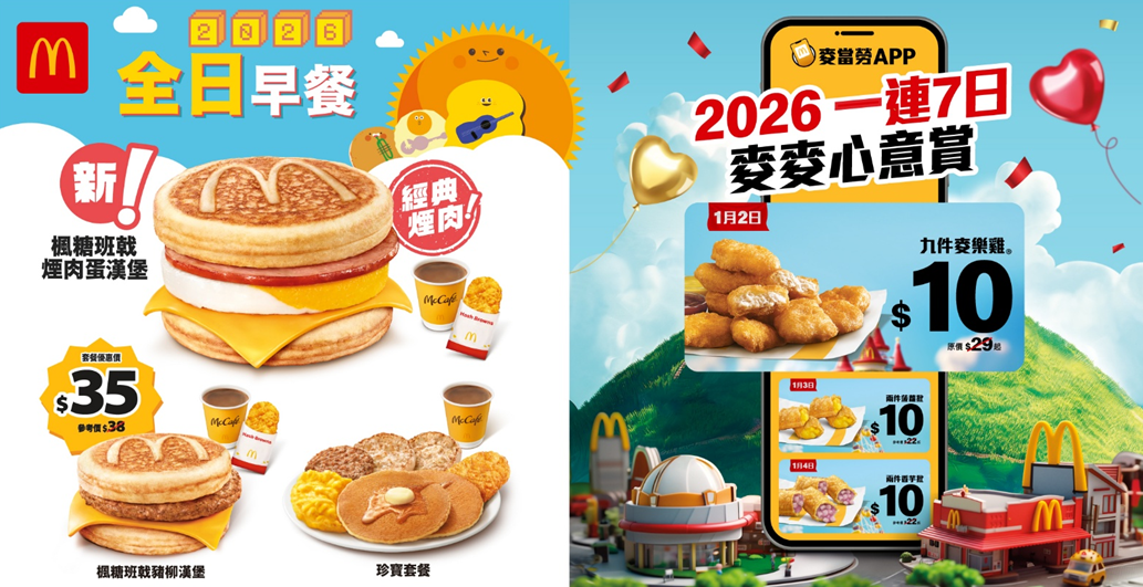 麥當勞今日(12月31日)宣布,今年會延續傳統,在元旦日推出全日早餐,包括大人氣 McGriddles 系列$35 楓糖班戟豬柳漢堡套餐、新成員$37 起楓糖班戟煙肉蛋漢堡套餐、$37 起楓糖班戟豬柳蛋漢堡套餐,以及$37 珍寶套餐(配薯餅及飲品)。