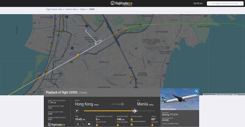 由香港前往馬尼拉的國泰客機CX903,已獲得空管人員的06跑道降落許可,但於空管人員指令下復飛。(Flightradar24)