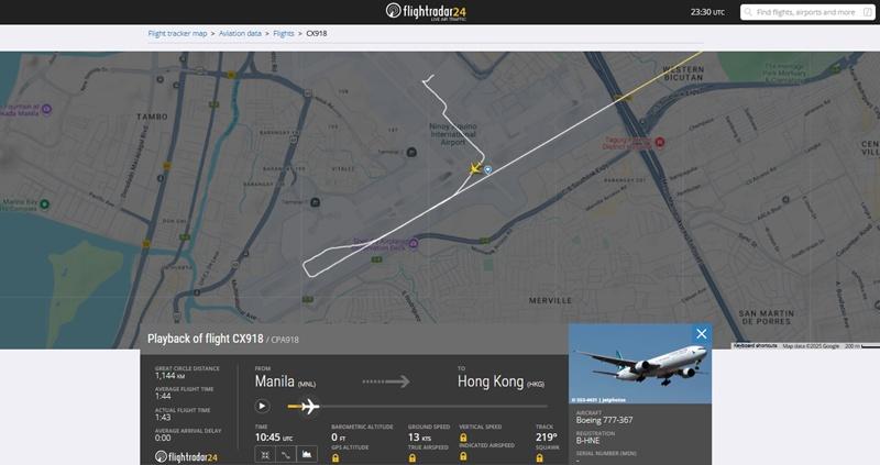 一架國泰航班編號CX918客機離開客運大樓,按空管人員指令於06跑道停止點前停下。(Flightradar24)