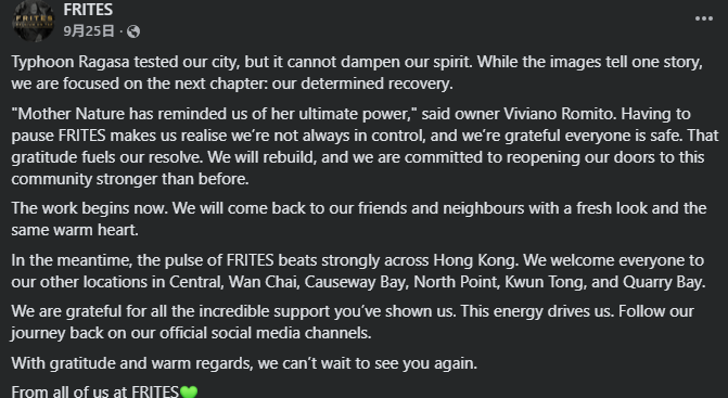 被樺加沙吹毀的FRITES,店主Viviano Romito其後發文。(FB@FRITES)
