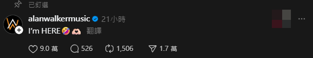 讓人意外是Alan Walker本人竟然留言回覆。(Threads)