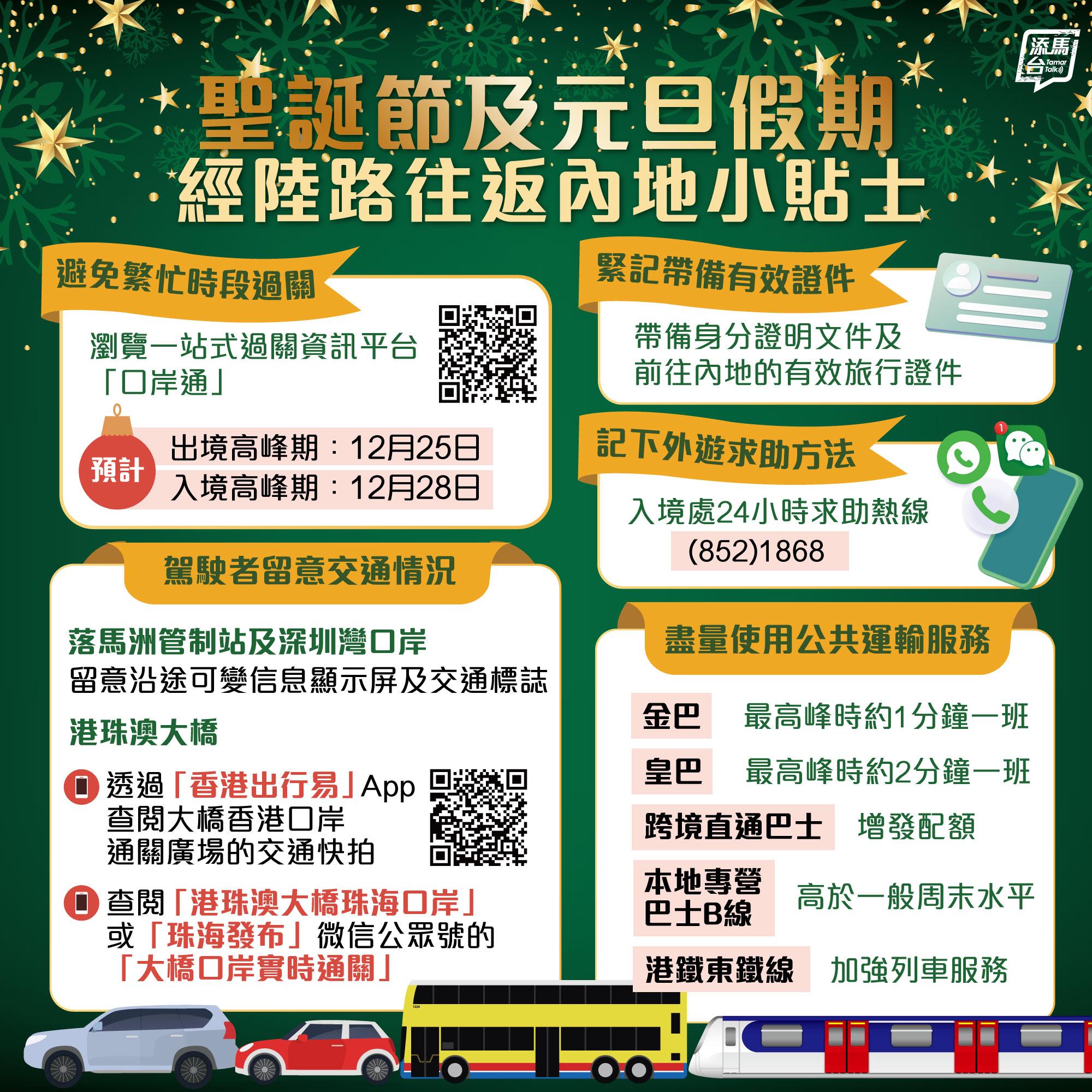 除夕及元旦假期交通安排|可以使用口岸通或出行易(添馬台)