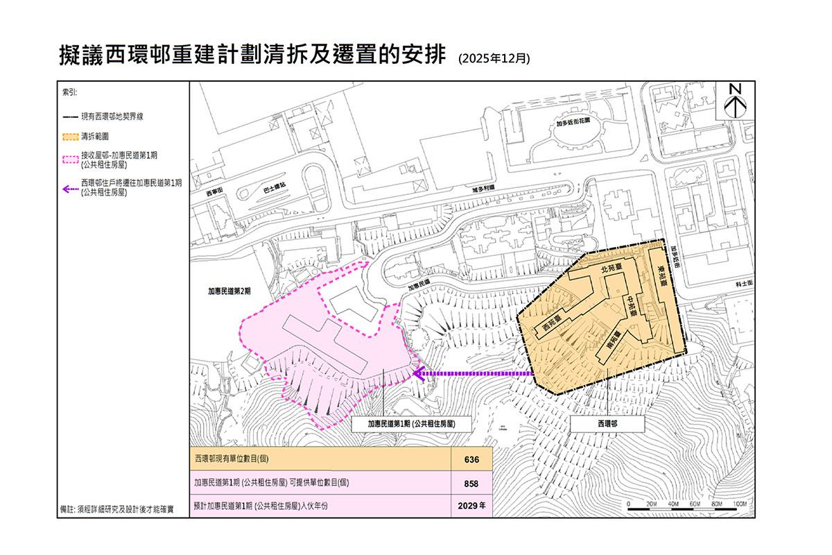 房委會公布將重建的西環邨,居民可一併遷往鄰近加惠民道公屋。(政府新聞處)