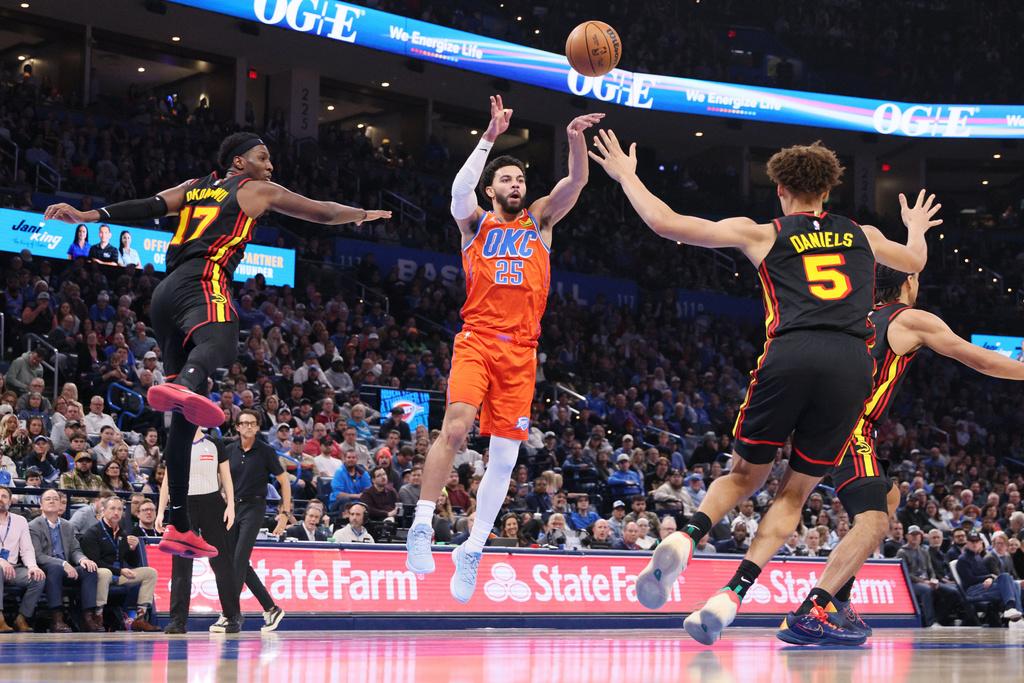 雷霆140:129擊敗鷹隊。(美聯社)